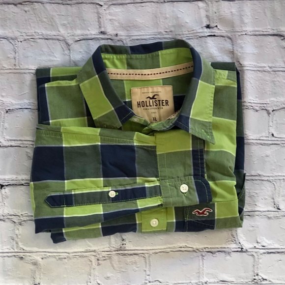 Hollister Mens Shirt regular Western Green Plaid Long Sleeve Size XL - Picture 5 of 5